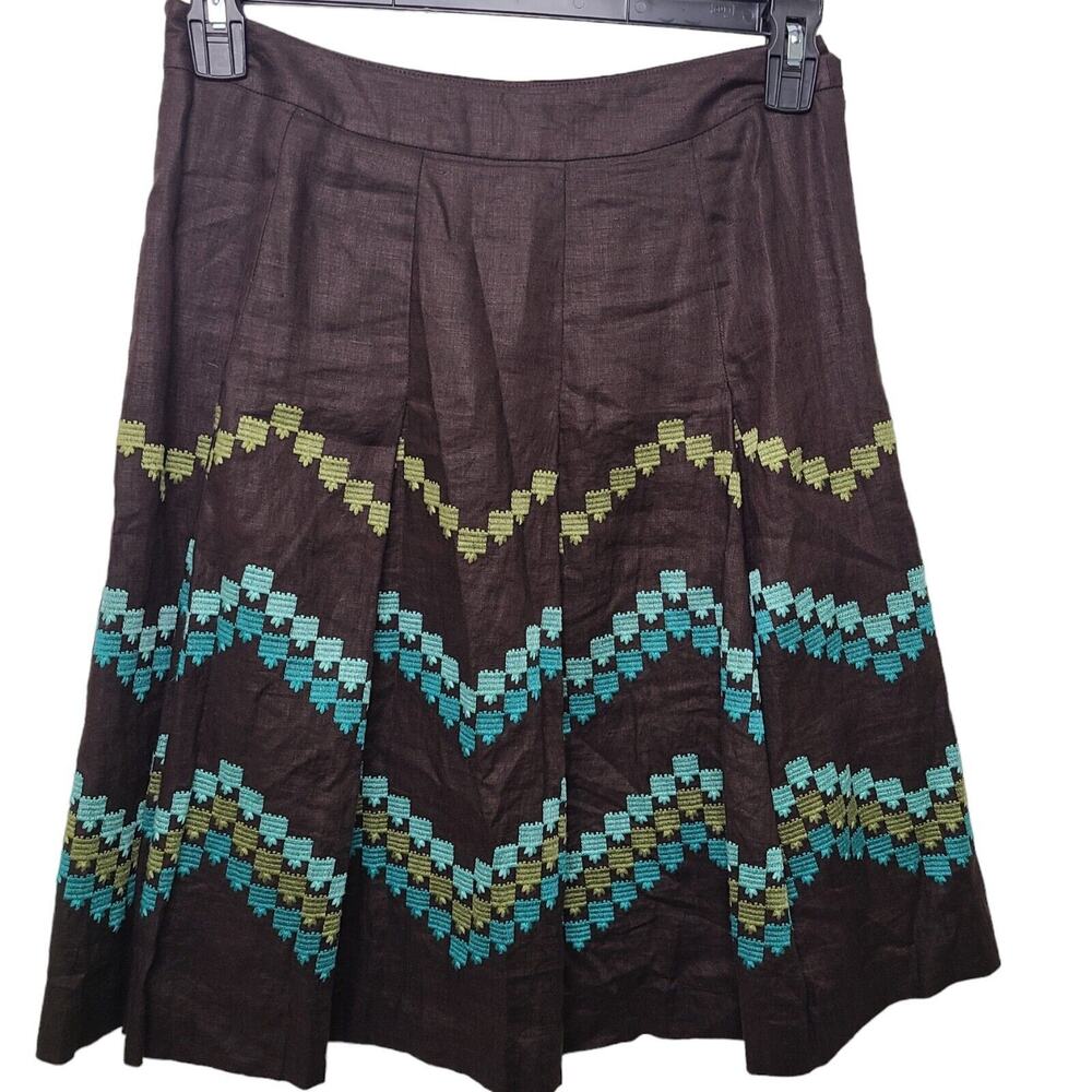 Ann Taylor Loft Womens‎ SZ 2 Full Linen Skirt Brown Teal Pleated Embroidered